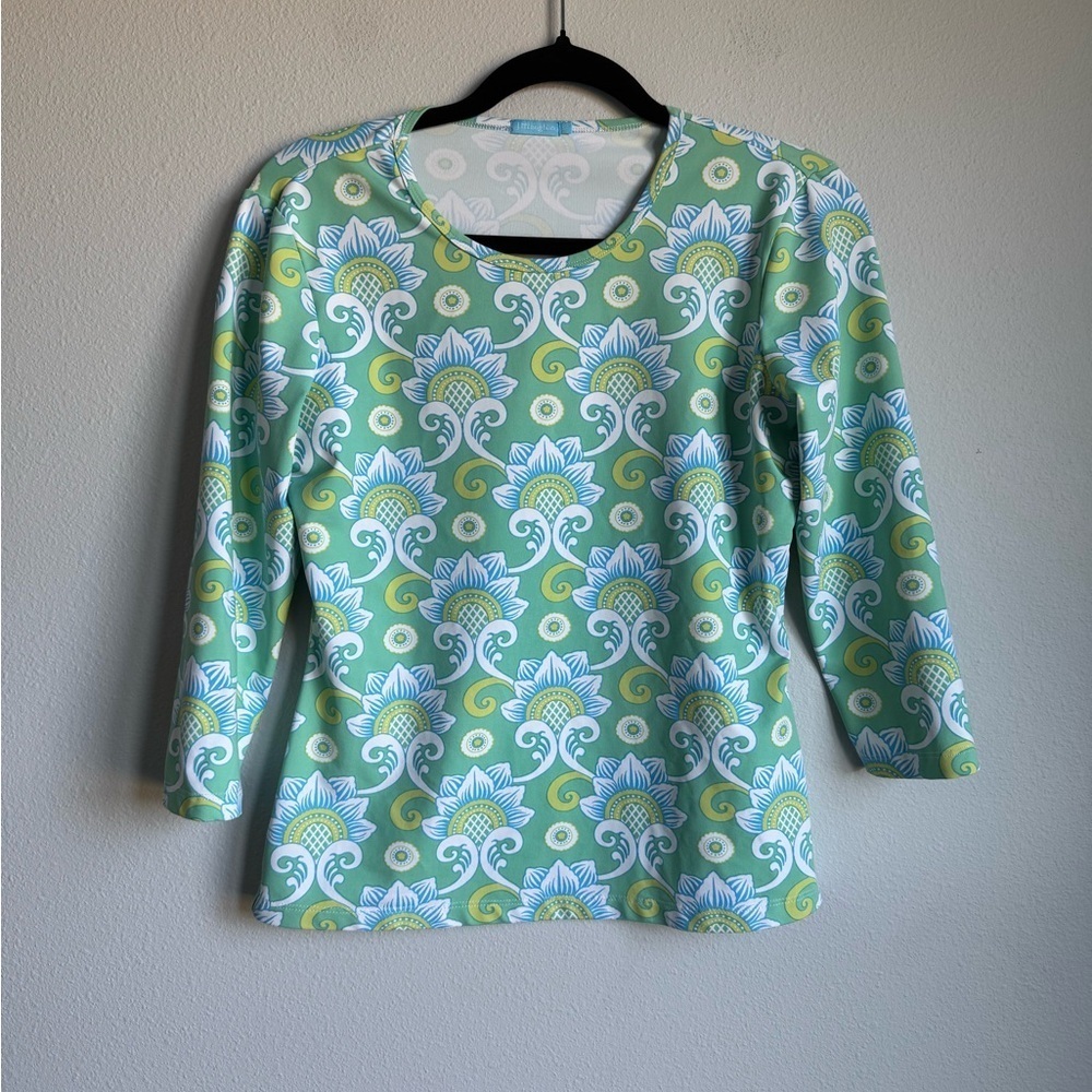 J. McLaughlin Green + Blue Floral Quiet Luxury Spring Long Sleeve Top Size Small